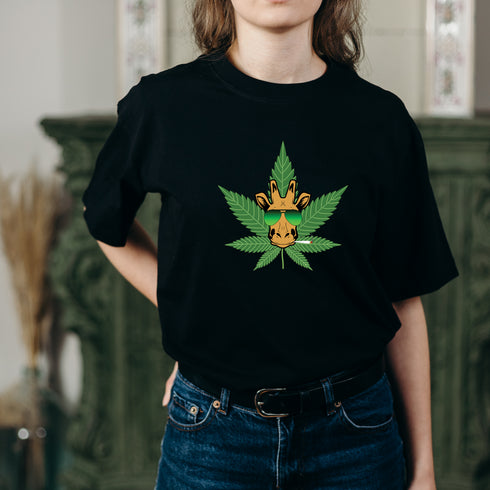 Funny Giraffe and Marijuana Leaf Crewneck T-Shirt-Unisex